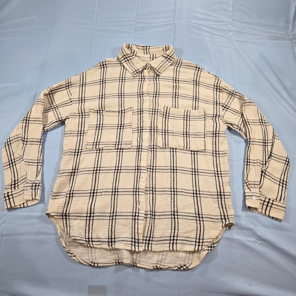 Yura Women Plaid Cotton Gauze Button Down Shirt Cream Black M Long Sleeve Pocket